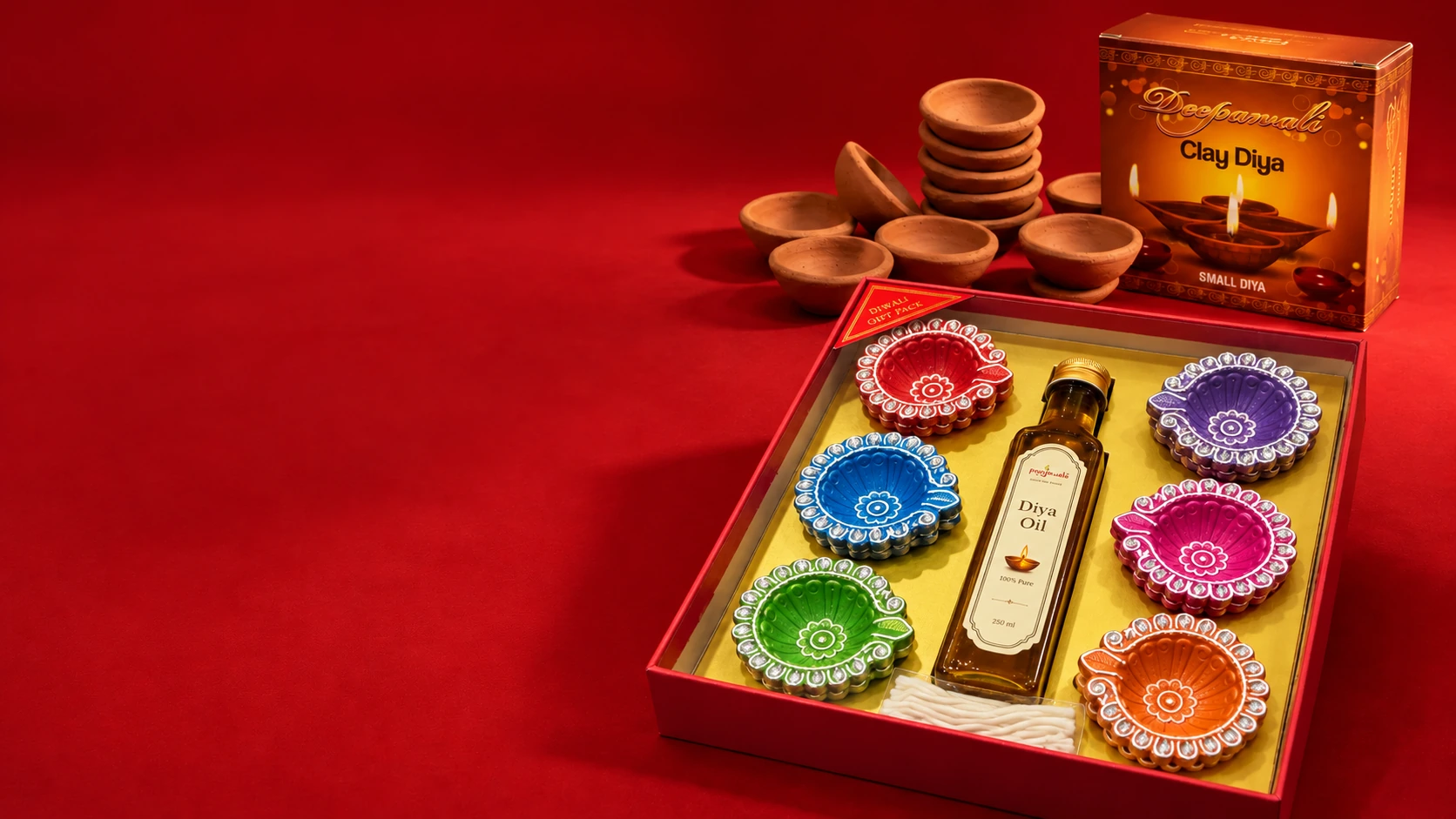 Styled Pooja Wale Diwali gift pack with current bottle label and corner sticker, alongside clay diyas